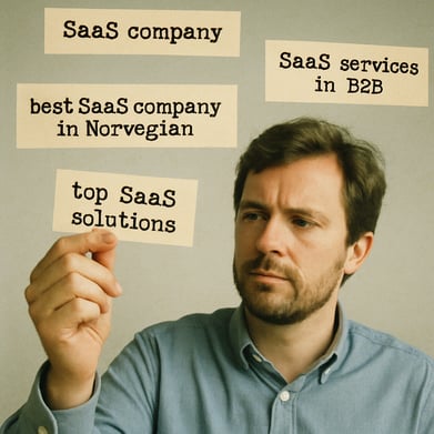 analogfilm A person who has saas in b2b indusry keywords flying above his head and he is selecting ones that are good Keywords to include SaaS company-1